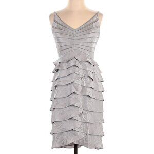 Adrianna Papell Occasion Silver Gray Metallic Tiered Ruffled Cocktail Dress